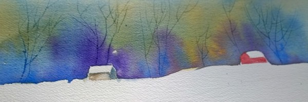 Winter Barns in watercolor landscape