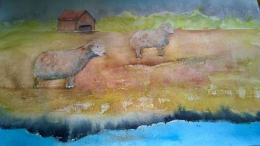 "SOLD" Sheep in Watercolor landscape