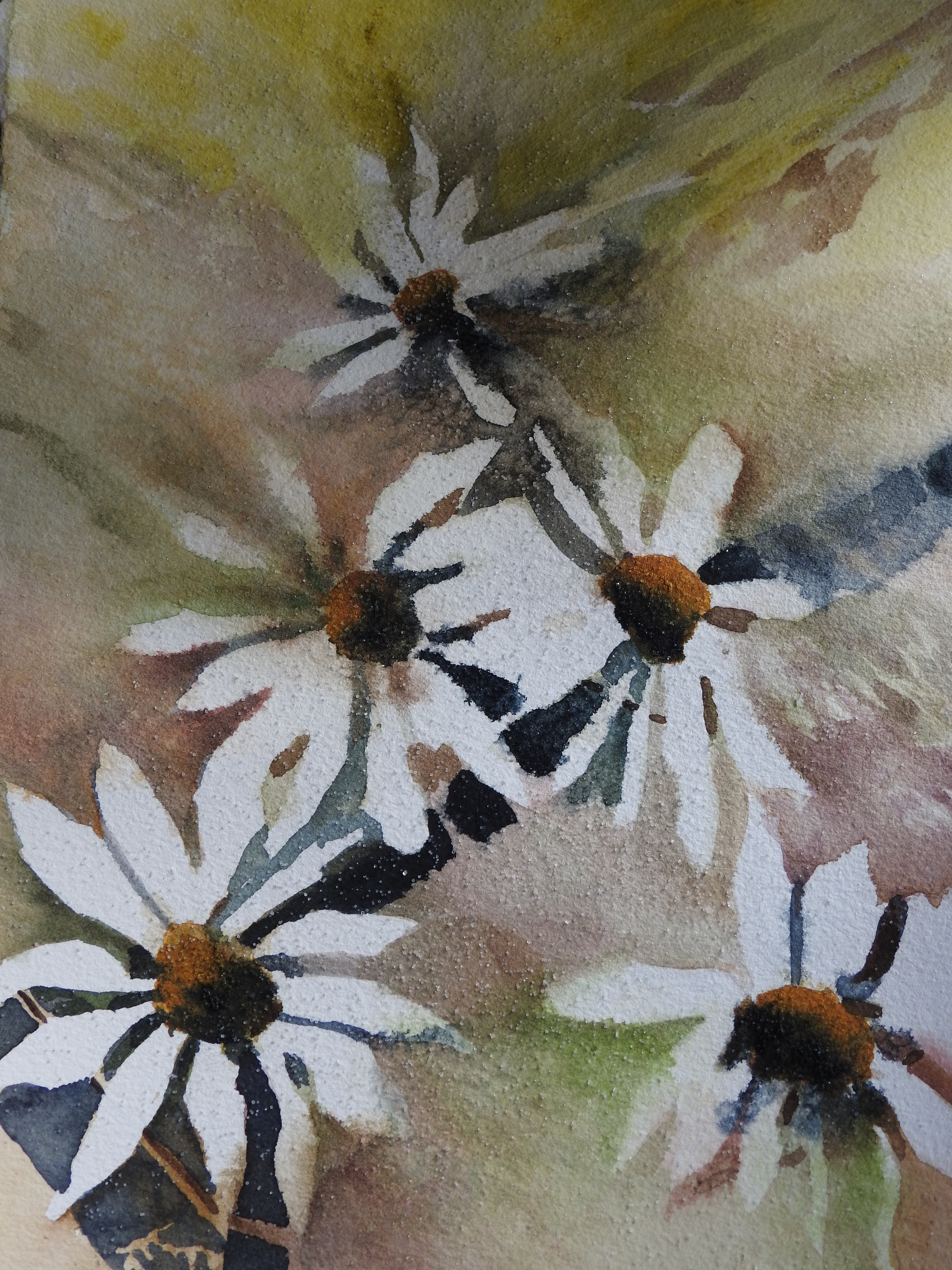 Watercolor Daisies in an abstract work in progress