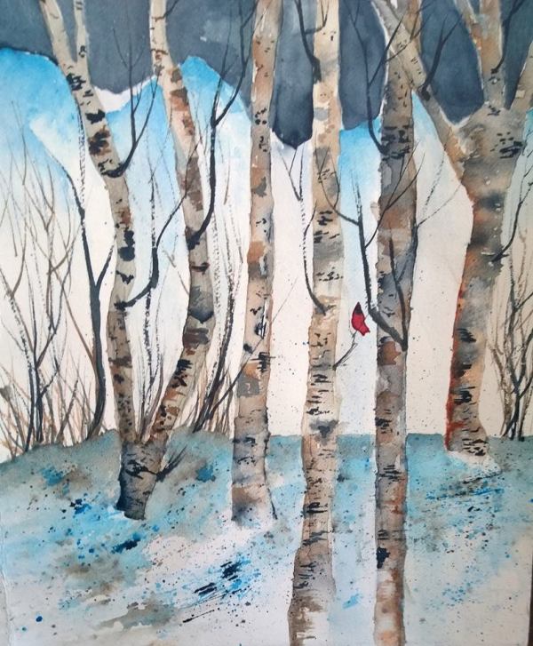 A Male Cardinal sits amoungst the Birch trees in this watercolor painting.