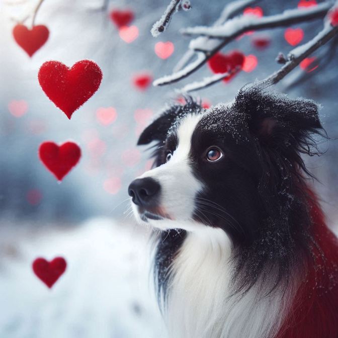 AI Border Collie with red hearts.