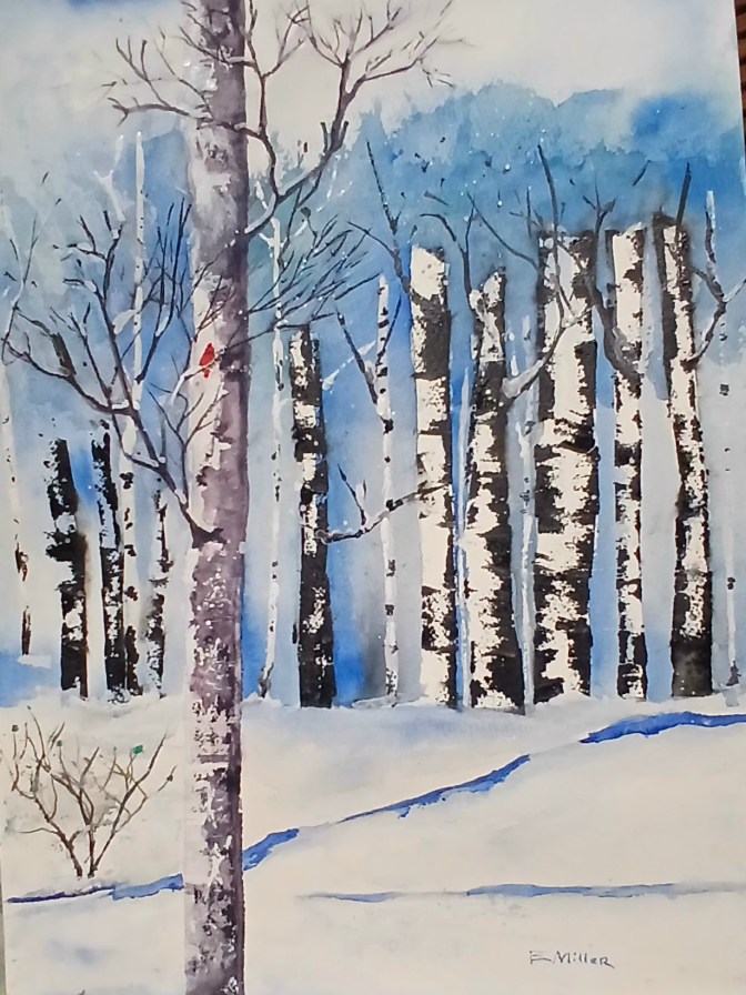 Watercolor trees in a landscape painting.